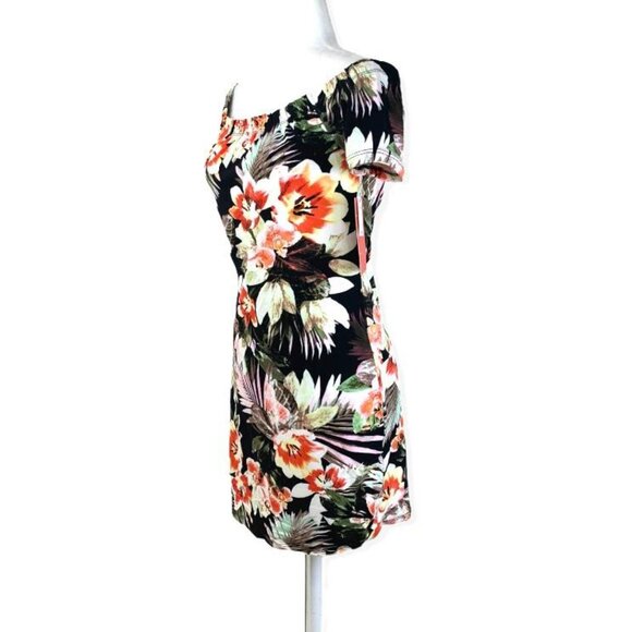 HOT KISS Junior's Mini Bodycon Shoulderless Short Sleeve Dress Black/Multicolor - Picture 3 of 7